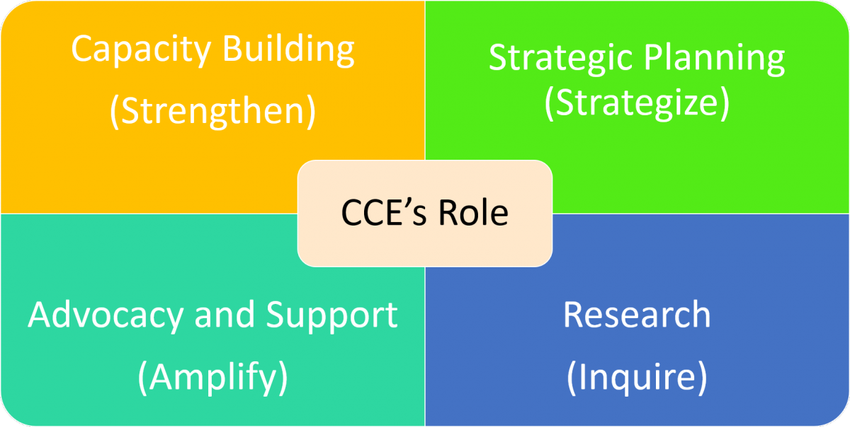 Four Roles of CCE: Advocacy and Support, Research, Capacity-Building, Strategic Building